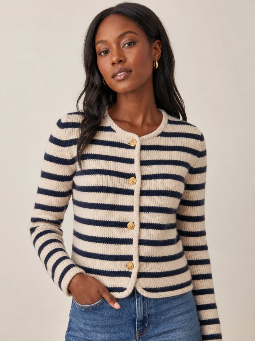 Rag & Bone Size SP Striped Knit Cardigan Gold Buttons Preppy Coastal Sweater Top